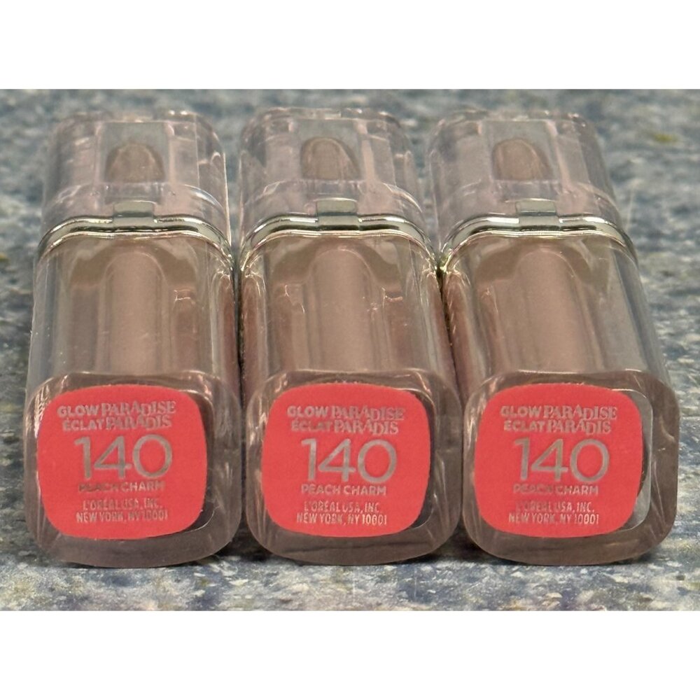 3 L'Oreal Paris Glow Paradise Hydrating Balm-in-Lipstick #140 Peach Charm NEW